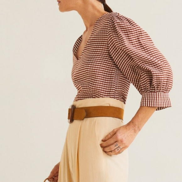 NWT Mango Gingham Puff Sleeve Blouse - Picture 3 of 16